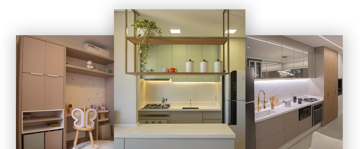 imagens de móbilia de alto padrão: quarto rosa, cozinha verde e cozinha